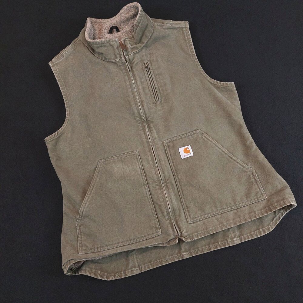 Carhartt Sherpa Lined Canvas Vest Women's Large Green Zip Up WV001 LOV